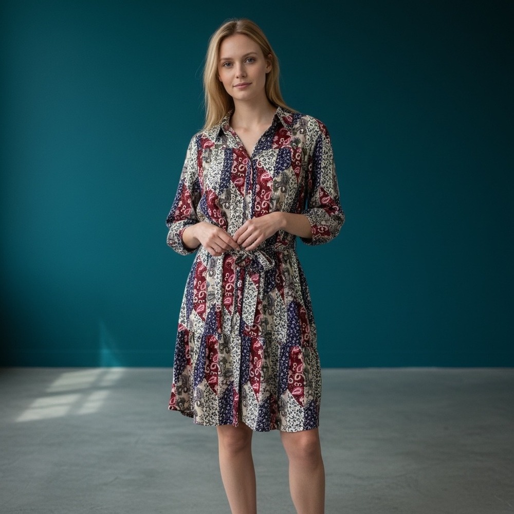 Umgee Patchwork Paisley Print Mini Shirt Dress B8330 Multi Color Womens L NEW